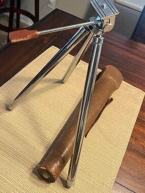 1960’s Source Unknown Chrome Tripod with Brown Handle and Brown Case
